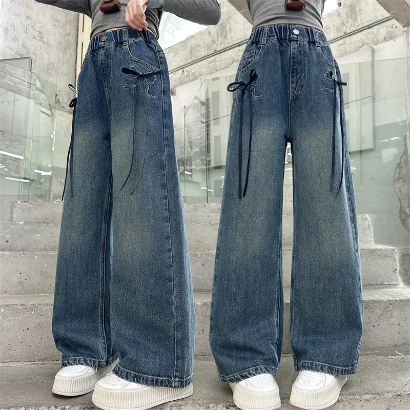 

2025 New Arrival Children Casual Loose Straight Jeans with Bows for Kids Girls Fashion Street Style Spring Autumn Denim Pants