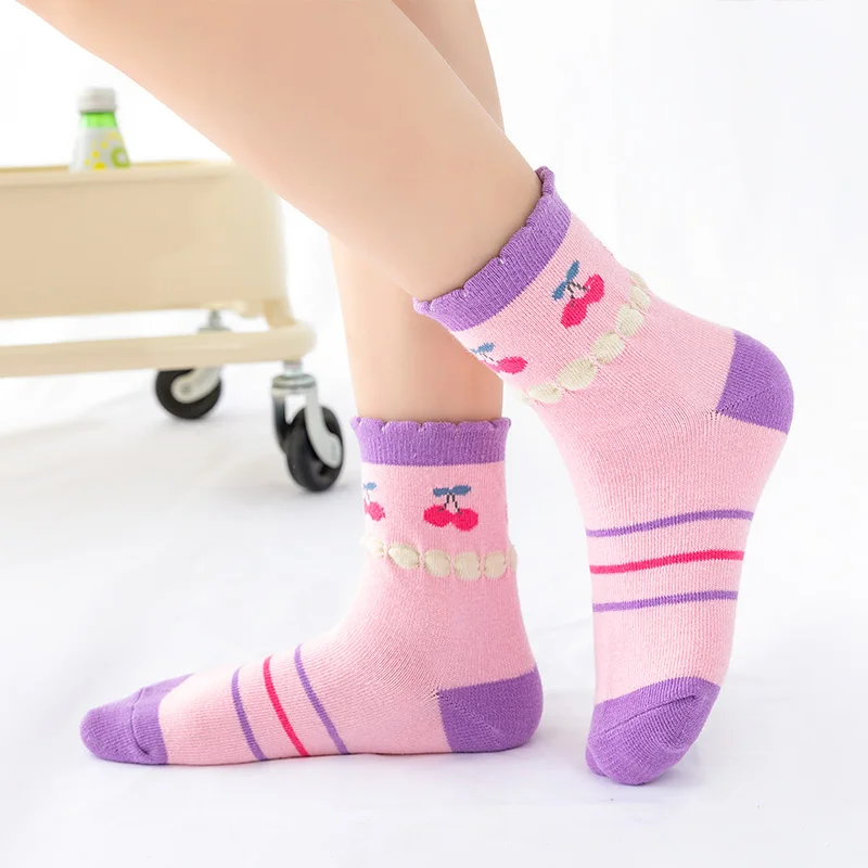 5 Pairs Lot Quality Pink Flower Carttoon Knit Warm Childrens Socks For Girls New Year Socks Kids Womens Short Socks