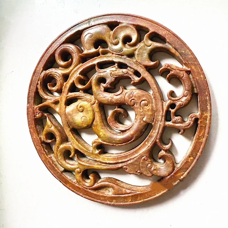 Antique miscellaneous dragon and phoenix jade carving hollowed out Ruyi dragon patterns home desktop decor exquisite handicraft
