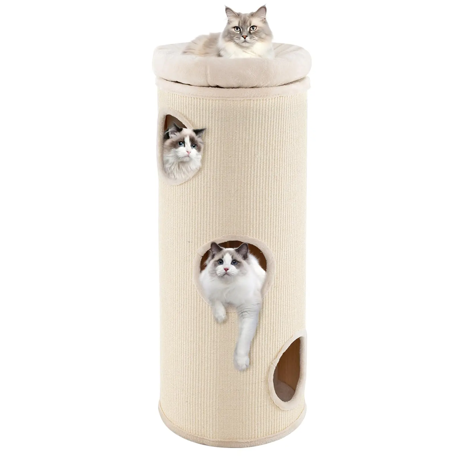 4 Story Cat Tree Condo, 49” Barrel-Shaped Cat House with Detachable Sisal Scratching Board, 3 Hideaways & Removable