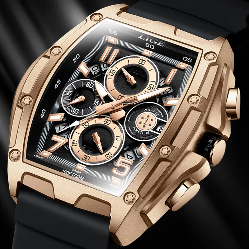 

LIGE Top Brand Mens Watches Luxury Square Quartz Wristwatch Waterproof Luminous Chronograph Date Watch for Men Relogio Masculino