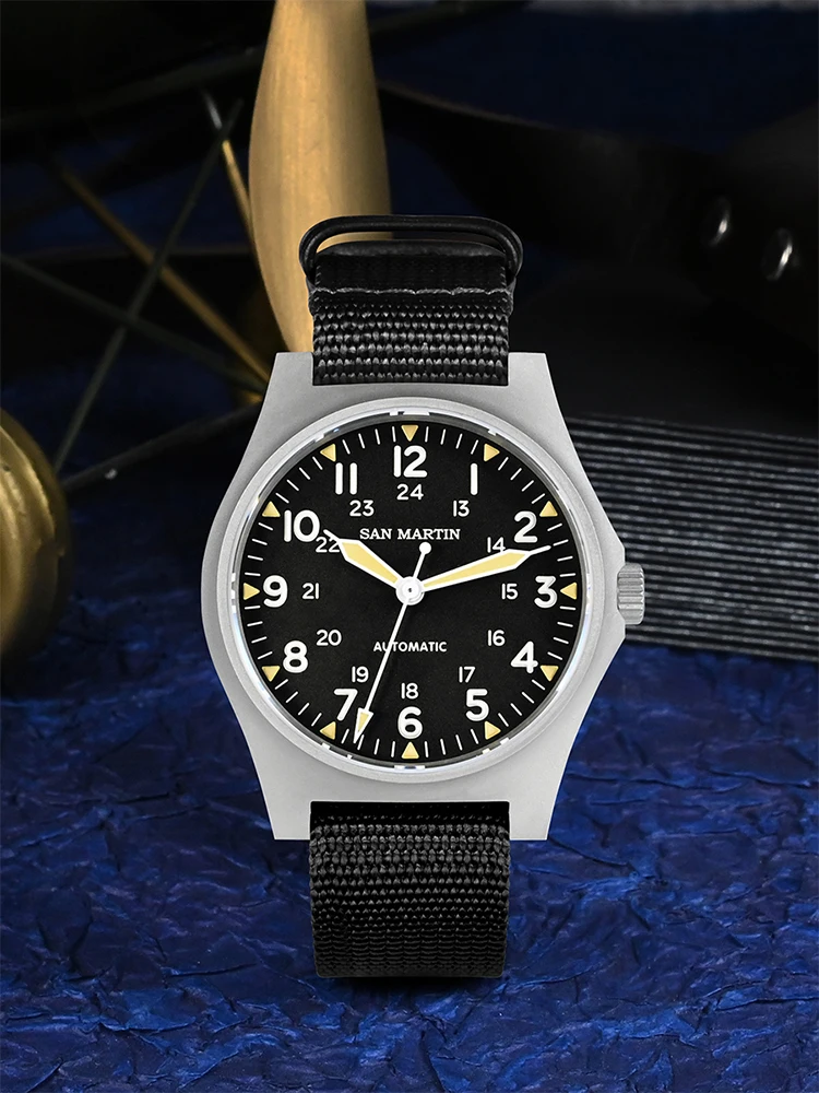 San Martin New 38mm NH35 Pilot Watch Retro Military Style Mens Watchs Automatic Mechanical Sapphire Nylon Strap 10 Bar SN0137G