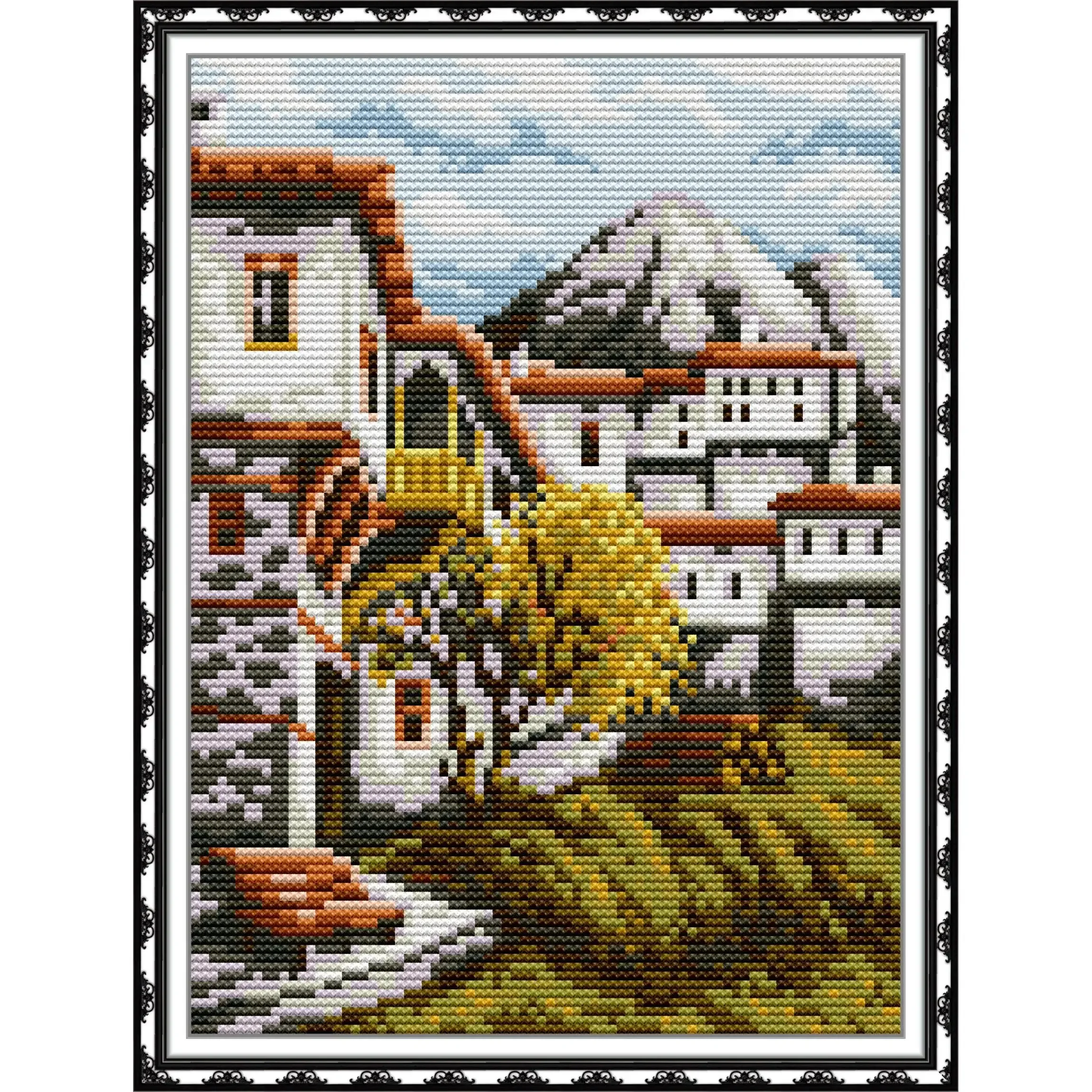 Joy Sunday ชุดงานปักครอสติชที่พิมพ์ไว้ล่วงหน้าแบบง่ายๆชุดผ้าปักลาย Aida แบบประทับ-ม้านั่งหน้าประตู