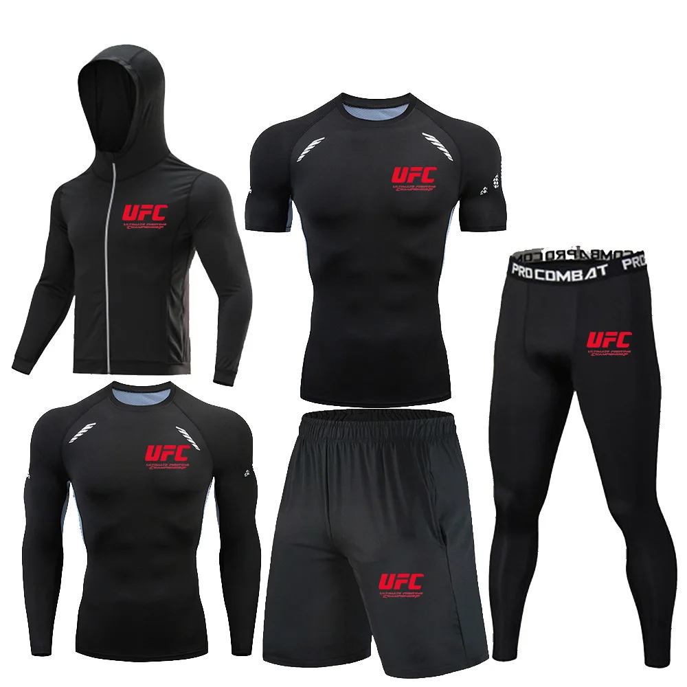 

UFC Fighting Fans Men's Tight Elastic T-shirt Five Piece Set Summer Outdoor Sports Fashion Fitness Top Sunscreen Set