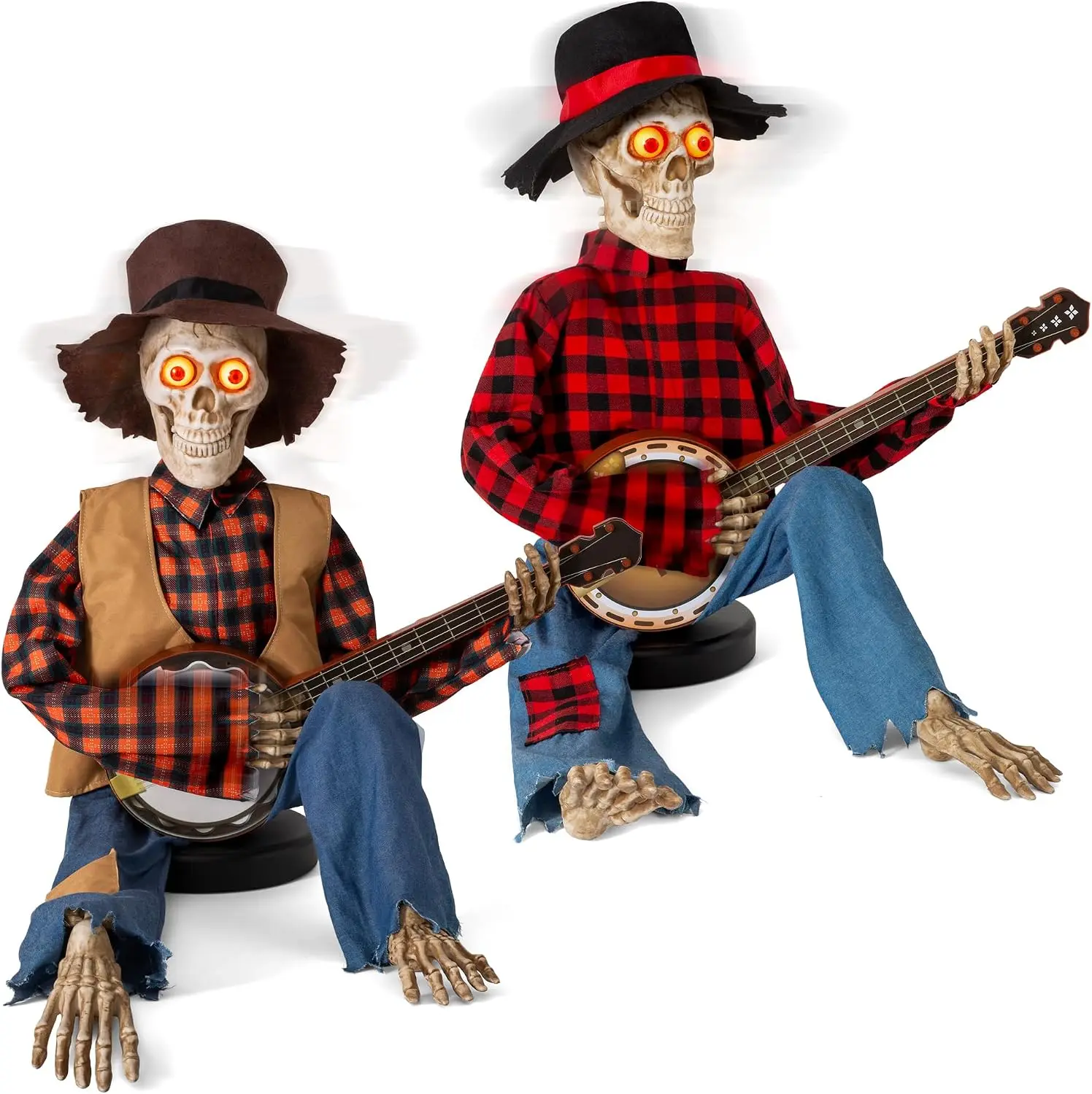 Halloween Animatronic Skeleton Duo Decoration, Sound-Activated Talking Skull Prop with Funny Voice & Light-Up Eyes, Musical Plug-In Powered Indoor Outdoor Yard Lawn Display