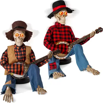 Halloween Animatronic Skeleton Duo Decoration, Sound-Activated Talking Skull Prop with Funny Voice & Light-Up Eyes, Musical Plug-In Powered Indoor Outdoor Yard Lawn Display