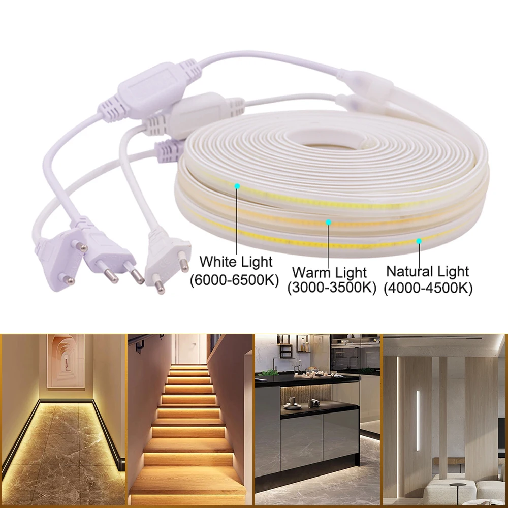 Bande lumineuse LED COB, 50m 100m, 220V, étanche IP67, éclairage extérieur, 288 diodes/m, RA90 linéaire, ruban Flexible 3000K 4000K 6000K + prise