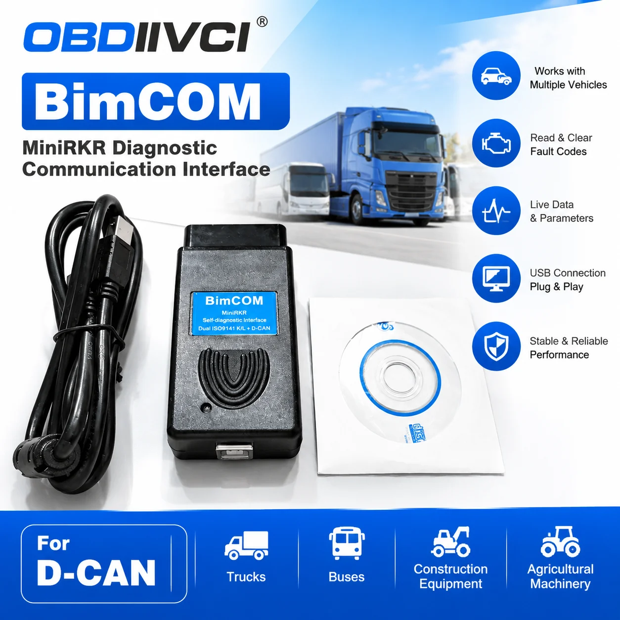 BimCOM OBD2 Scanner USB Automotive Diagnostic Tool Vehicle Error Code Reader Data Monitoring Interface for Supported Vehicles