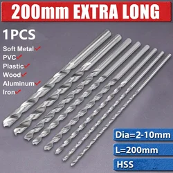 Brocas helicoidais extra longas de 200mm, aço de alta velocidade, hss, cortador de serra para madeira, aço, liga de metal, perfuração 2-10mm