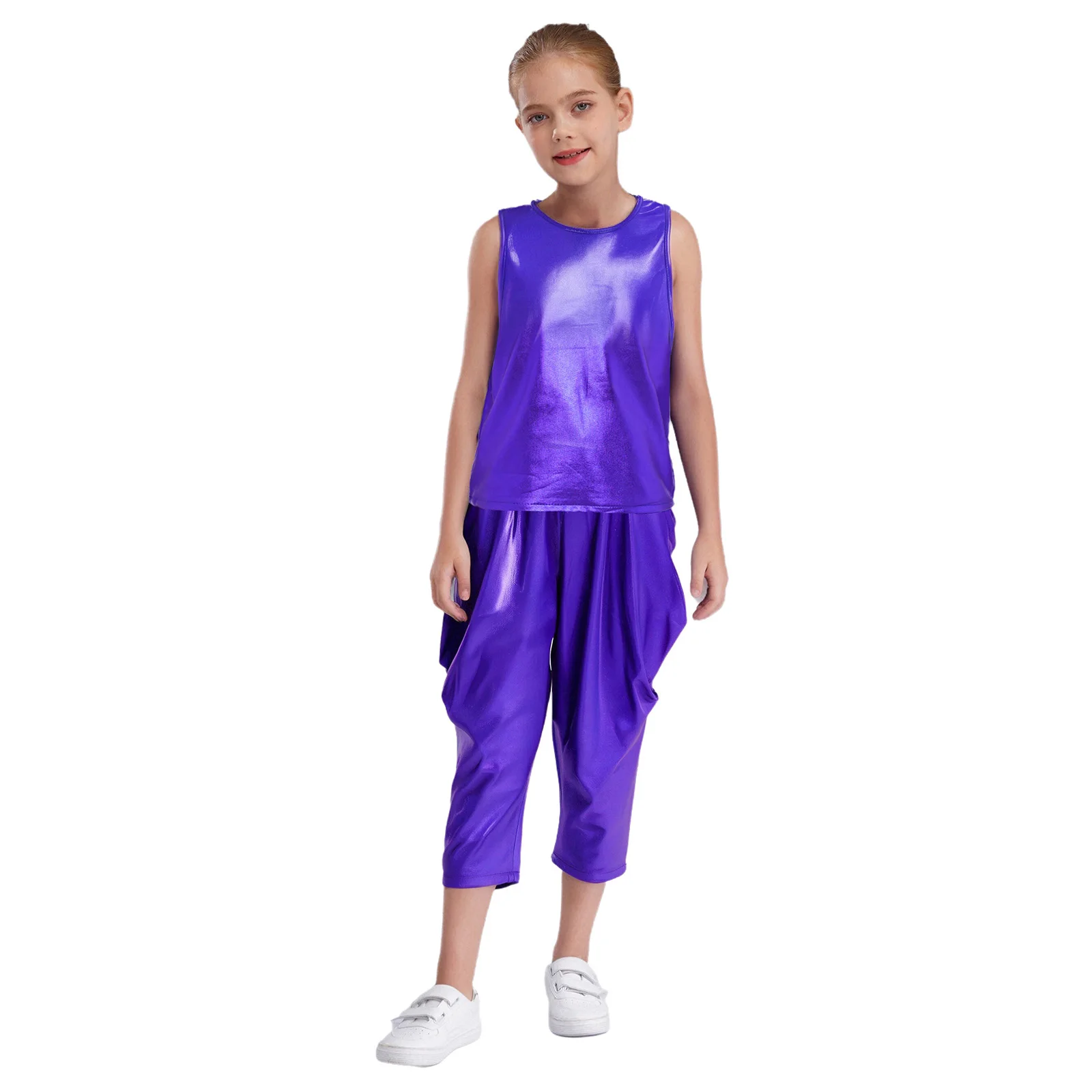

Unisex Hip-Hop Set Boys Girls Jazz Street Dance Costume Sleeveless Metallic Vest Top+Ruched Cropped Pants Stage Performance Sets