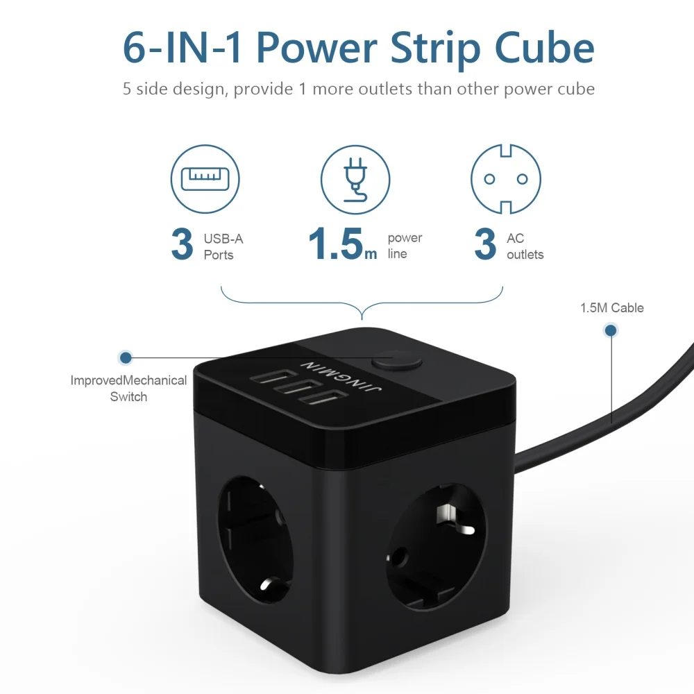 JINGMIN EU Socket Cube Without Cable 5-way Socket Adapter 250V/16A,Wall Socket Extension for Bedroom Office Home Travel