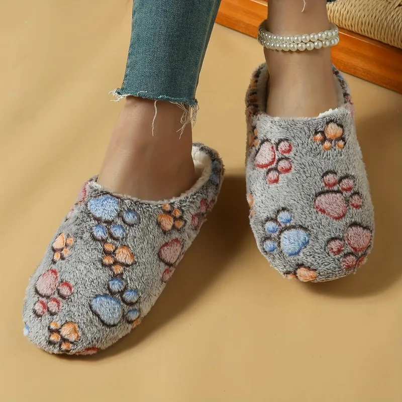 Women Cute Cat‑Paw Random Print Fuzzy Indoor Slippers, Fashion Soft Quiet Warm Cotton House Shoes