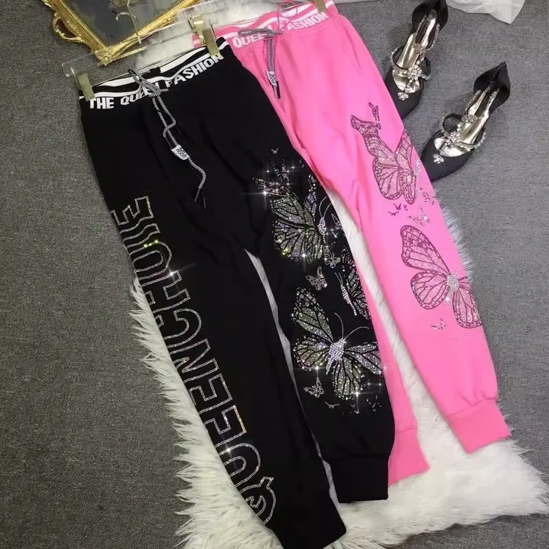 

Oversized rhinestone diamond butterfly pattern high-waist-elastic-waist corset leg sweatpants women's sweatpants