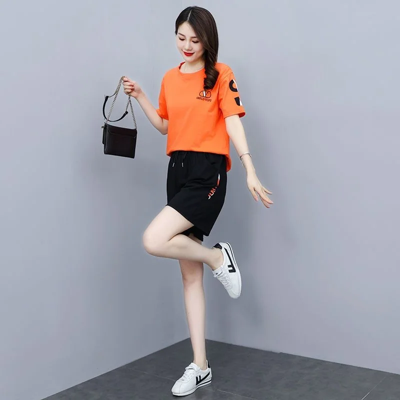 

Women's Cotton Loose Shorts And Short Sleeve Sports Suit 2023 Summer New Solid Color Round Neck Crop Tops Running Two Piece Set