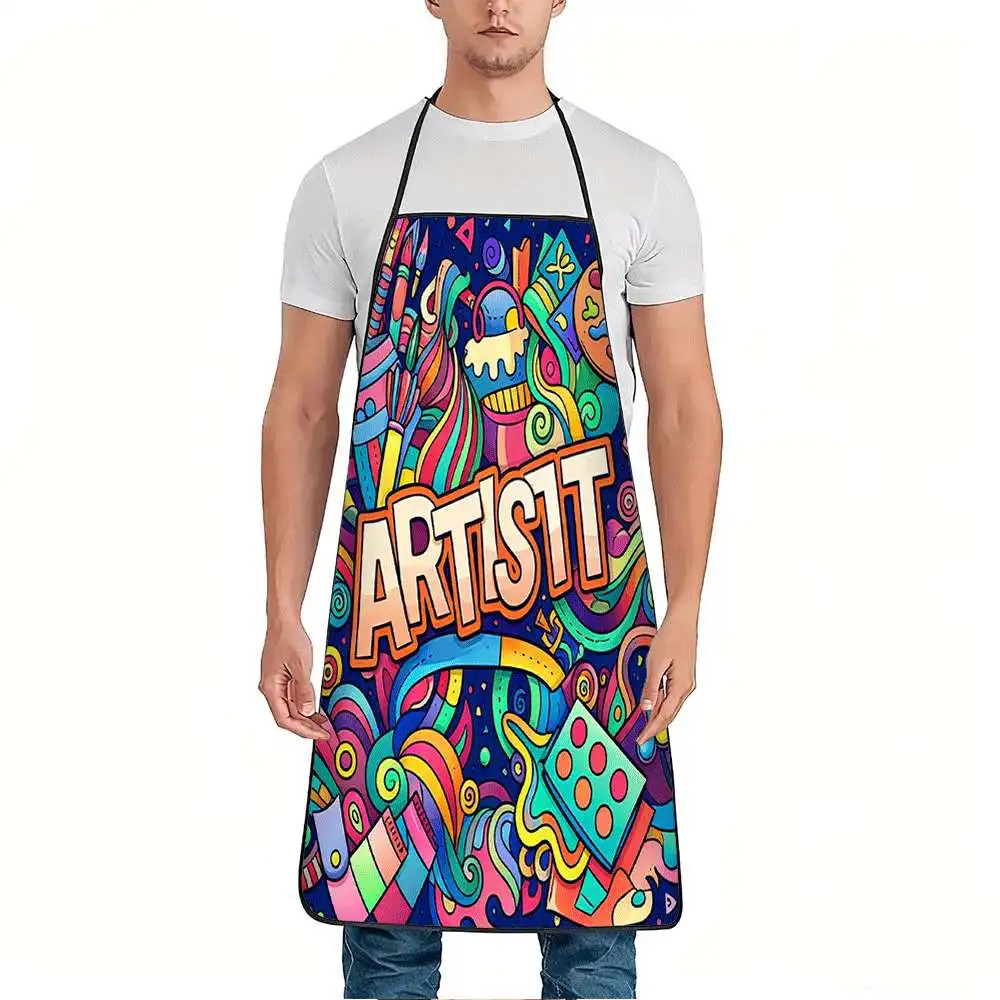 Artist Doodle Apron – Bold “ARTIST” Text + Psychedelic Palette Pattern, Navy Blue Base,  Polyester, Unisex, No Pocket