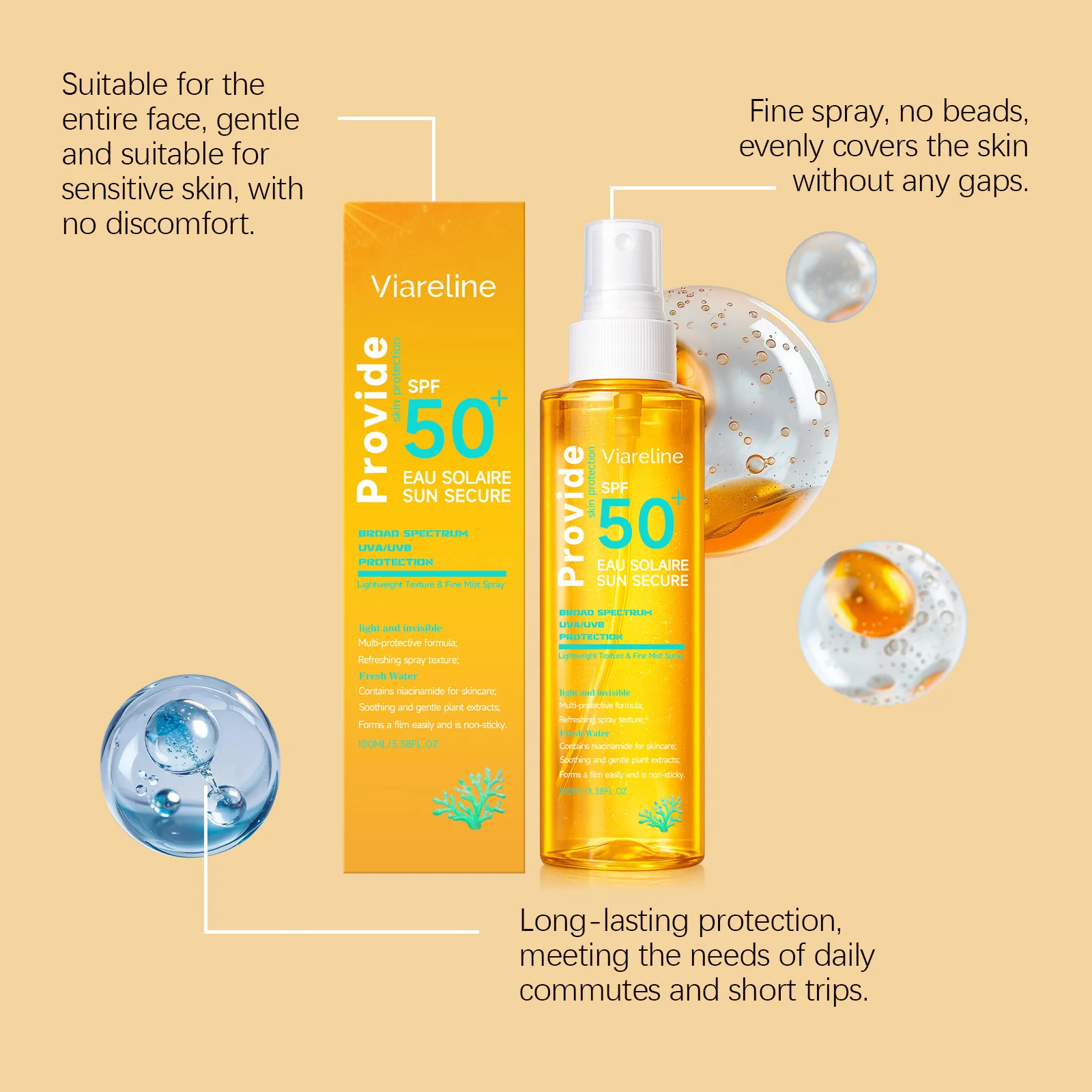 100ML Spf50 Sunscreen Spray Non-stciky Protect Skin Moisturizing Enhance Smoothness Refreshing Prevent Sunburn Sunscreen Spray