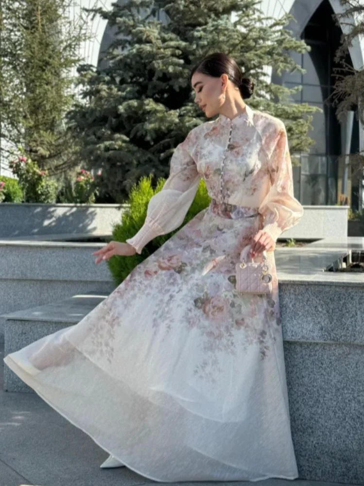 

Causal Flower Print Shirt Long Skirt Set Casual Lantern Long Sleeve Single Breasted Tops High Waist Skirts New Summer Lady Wear