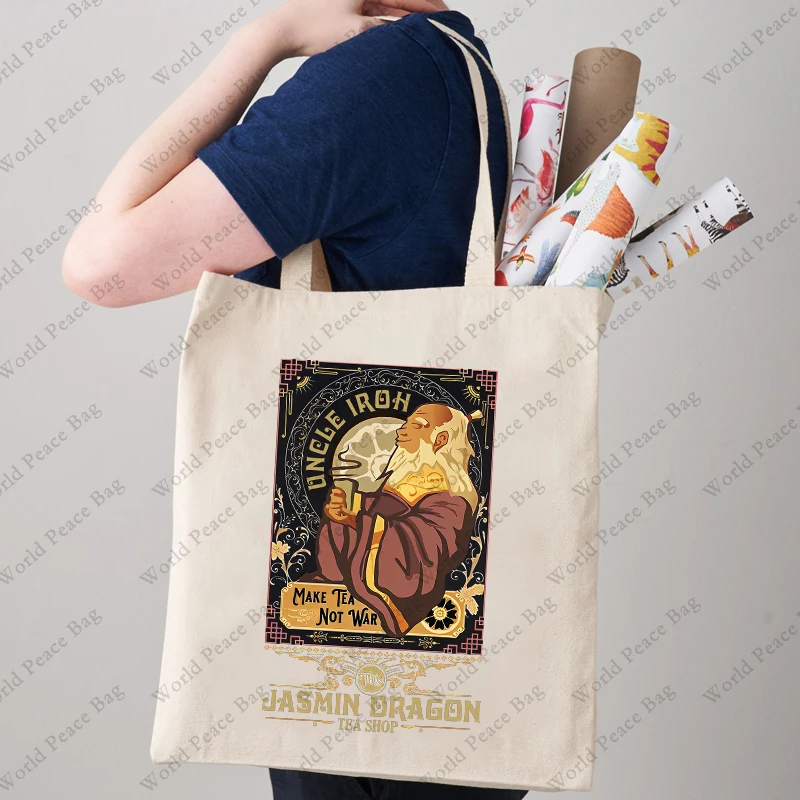 1pc Uncle Iroh Make Tea Not Wa Pattern Tote Bag Canvas Shoulder Bag For Travel Daily Commute Women's Reusable Shopping Bag