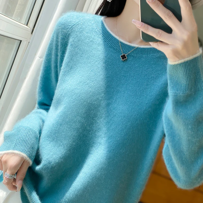 LDZWSM morbido maglione di lana o-collo donna autunno/inverno nuovo maglione girocollo in maglia di pura lana Pullover allentato coreano