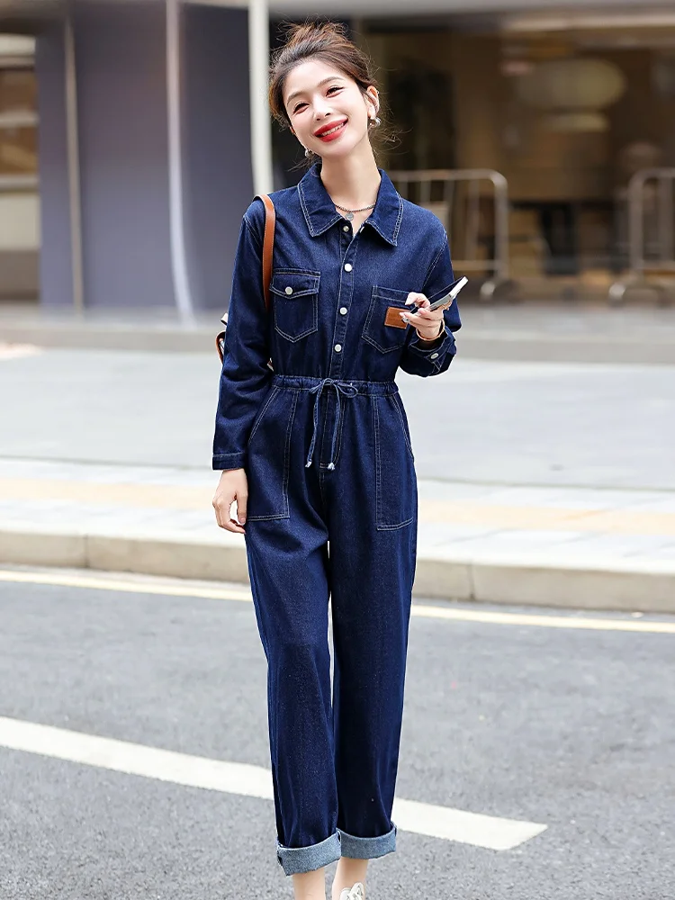 

La Chapelle Vintage Denim Jumpsuit Women's High Waist Slimming Casual Gown Cotton Workwear Pants High Waist Jumpsuit