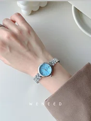 새로운 여성 시계 실버 케이스 럭셔리 기질 빈티지 우아한 팔찌 진짜 벨트 일본 석영 운동 연인을위한 선물