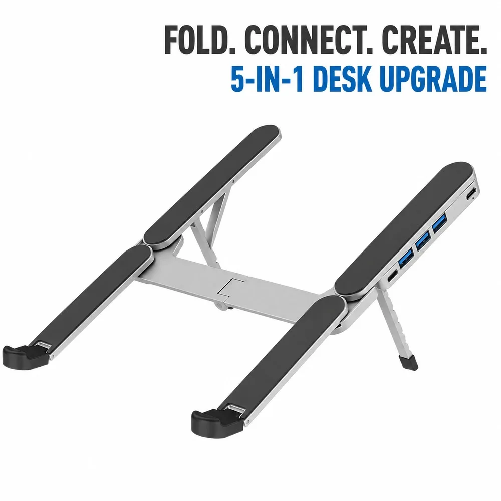 Portable Laptop Stand USB 3.0 Docking Hub, Adjustable Aluminum Alloy Ergonomic Cooling Holder for Notebook and Tablet
