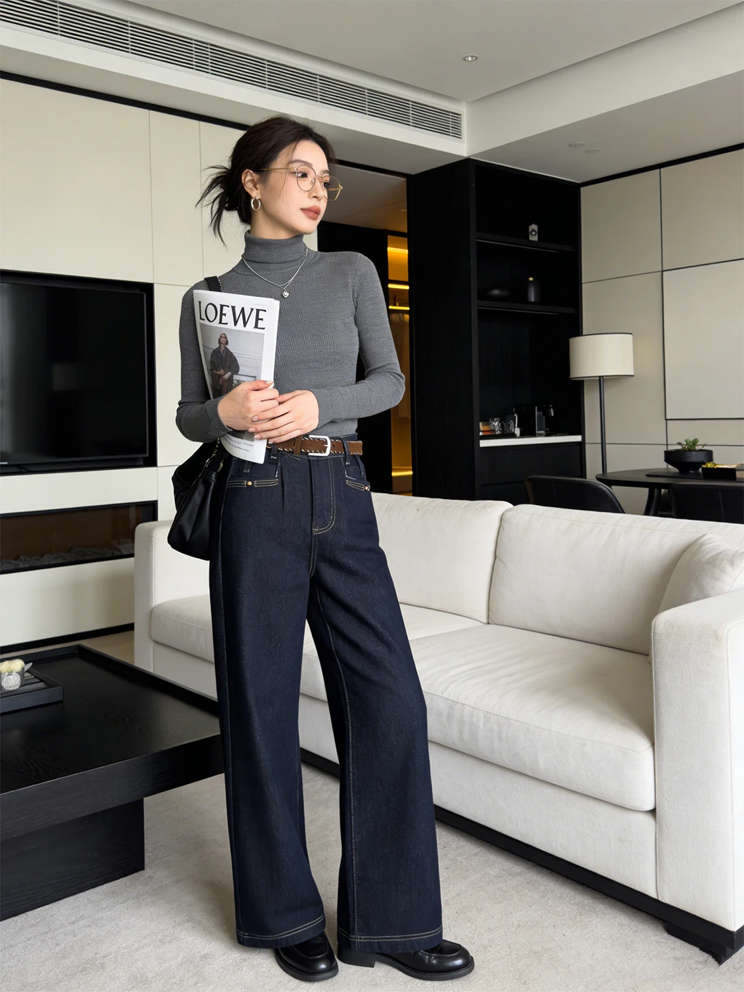 

Джинсы с высокой талией и широкими штанинами, женские повседневные прямые джинсовые брюки с поясом, стройнящие, длинные, в корейском стиле, зимняя мода