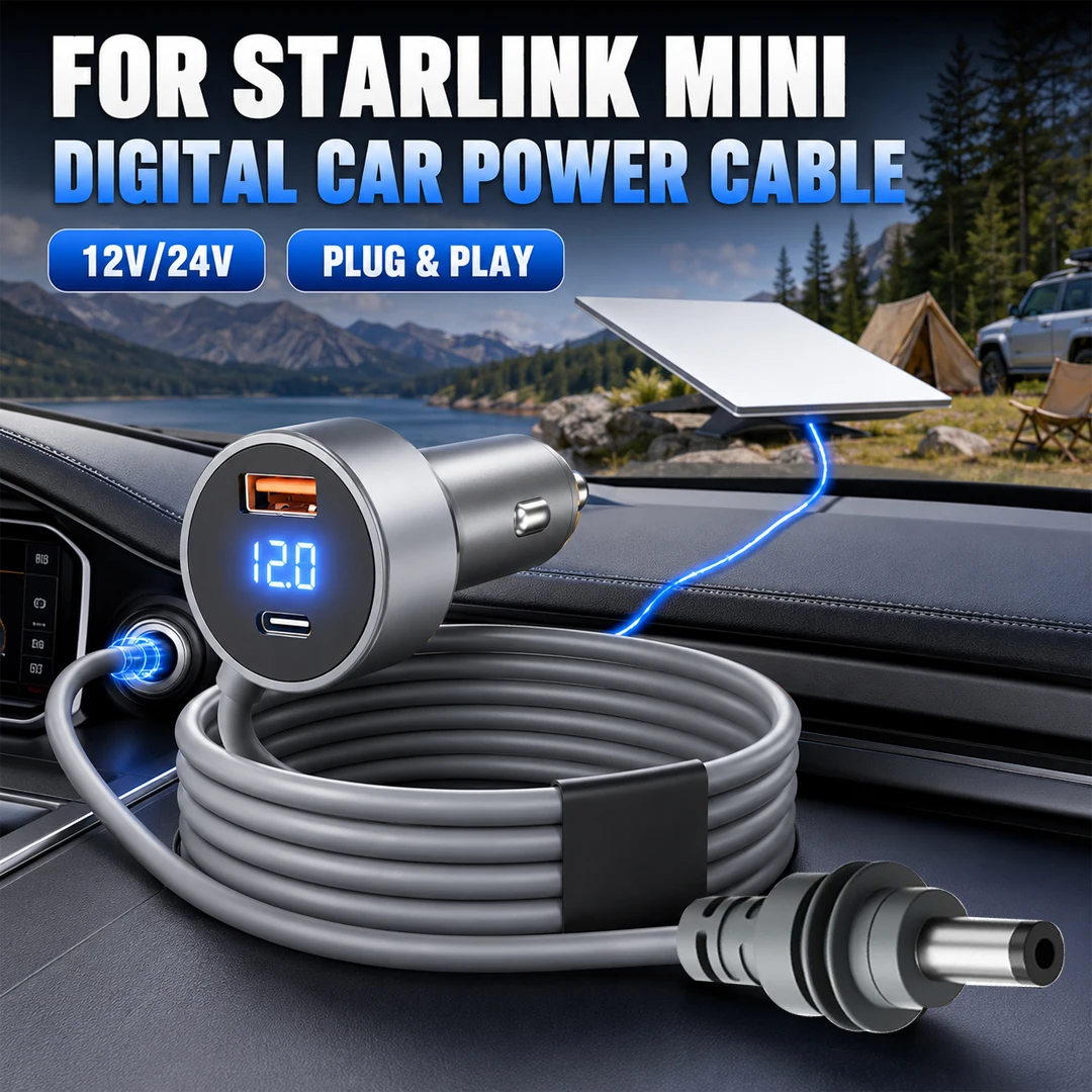 For Starlink Mini 3-in-1 Car Power Cable Cigarette Lighter Charger with Digital Voltmeter QC3.0 USB PD Type-C 12V/24V 18AWG DC P