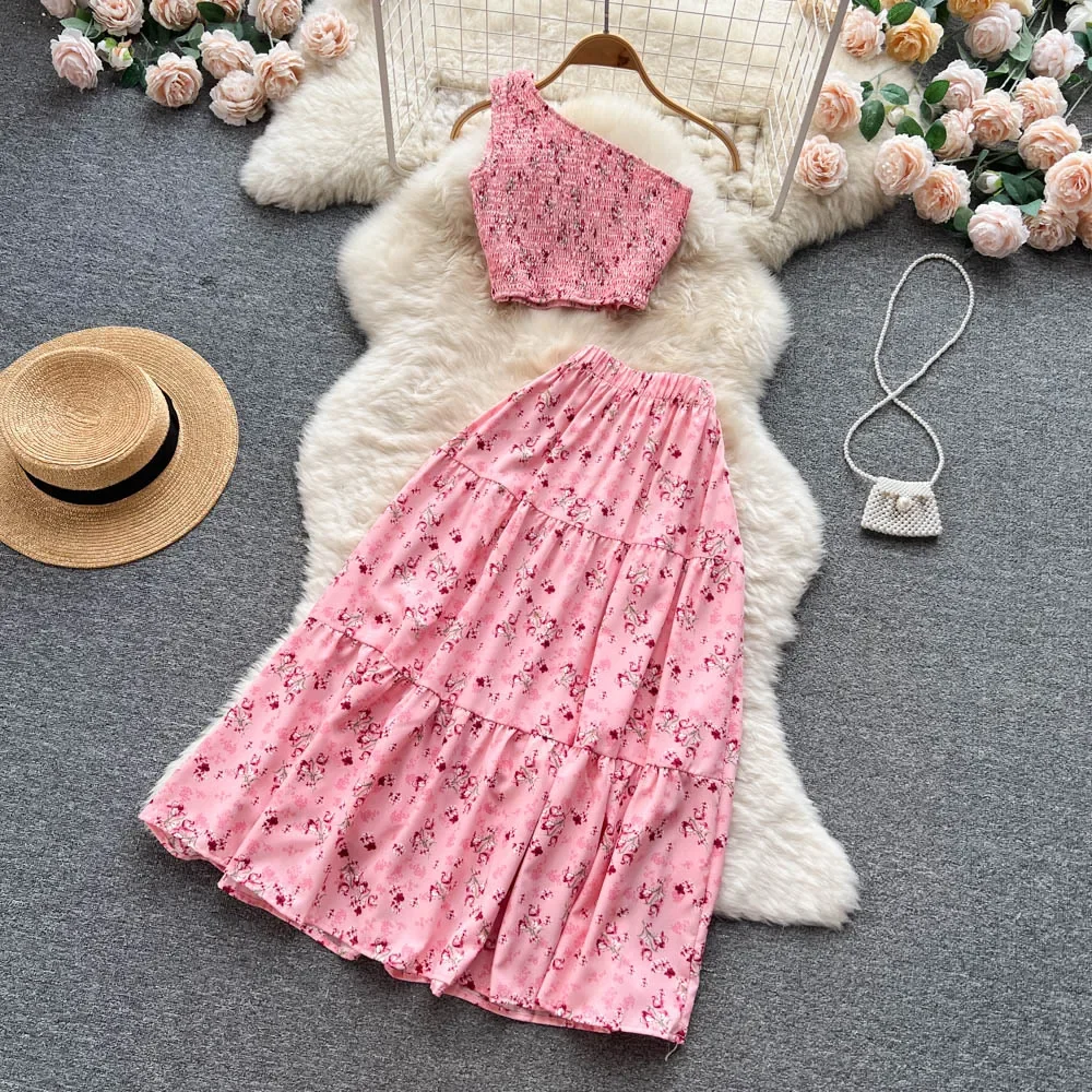 New Women  2024 Elegant Floral Skirt Set Female One Shoulder Crop Top & A-Line Midi Skirt Female Casual Suits