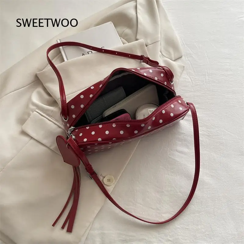 Red White Polka dot Cylinder Baguette Shoulder Bag Heart Pendant Adjustable Strap PU Leather Retro Y2K Casual Underarm Handbag