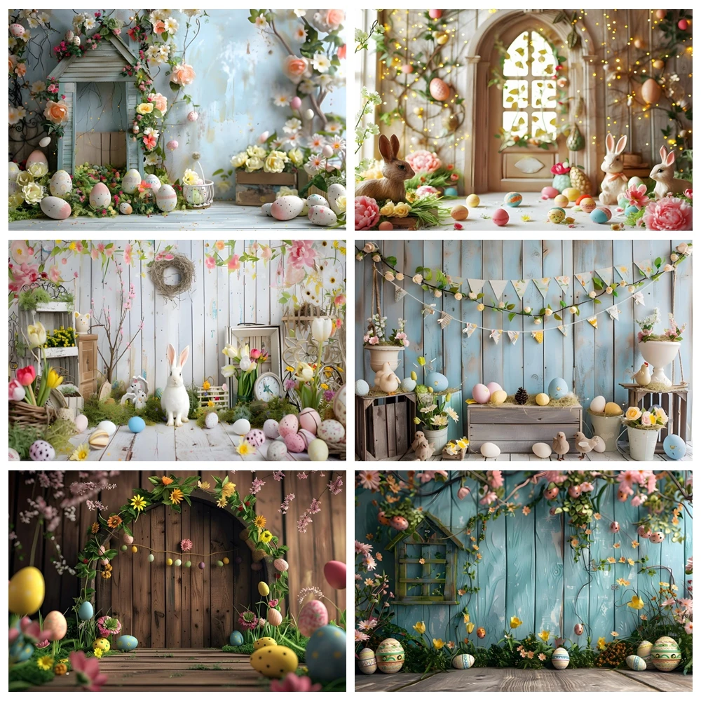 

Happy Easter Backdrop Photography Wood Board Rabbit Bunny Eggs Kids Portrait Decorations Photozone Props Easter Photo Background