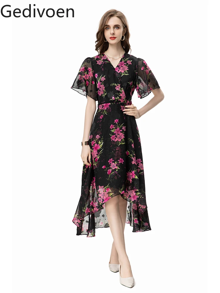 

Gedivoen Fashion Designe Summer Women's Dresses V-Neck Collar Embroidery Printing Floral Office Lady Empire A-LINE Dress