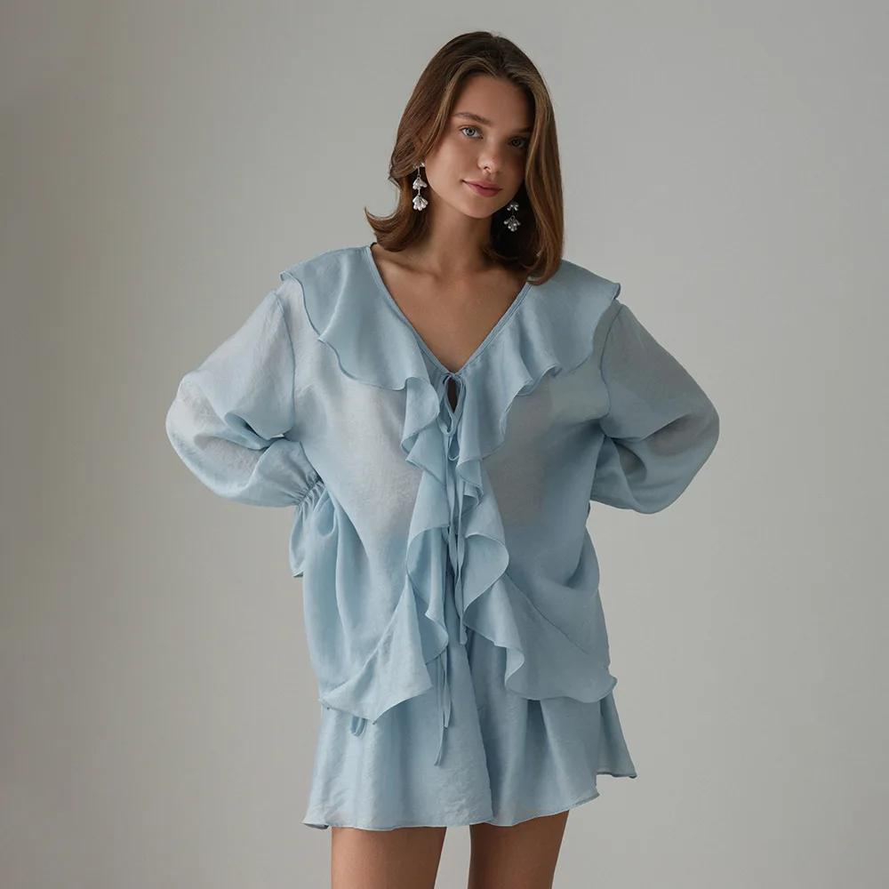 

Y2K Ruffled Shirt Shorts Set Women French V Neck European American Summer Lace Up