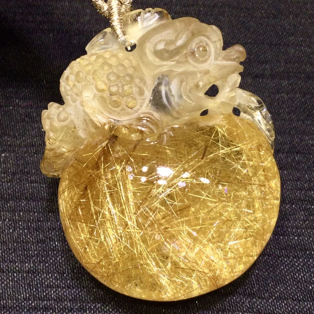 

Natural Copper Rutilated Quartz Pendant Rectangle Necklace 40*33*22mm Pi Xiu wealth Rutilated Women Men AAAAAAA