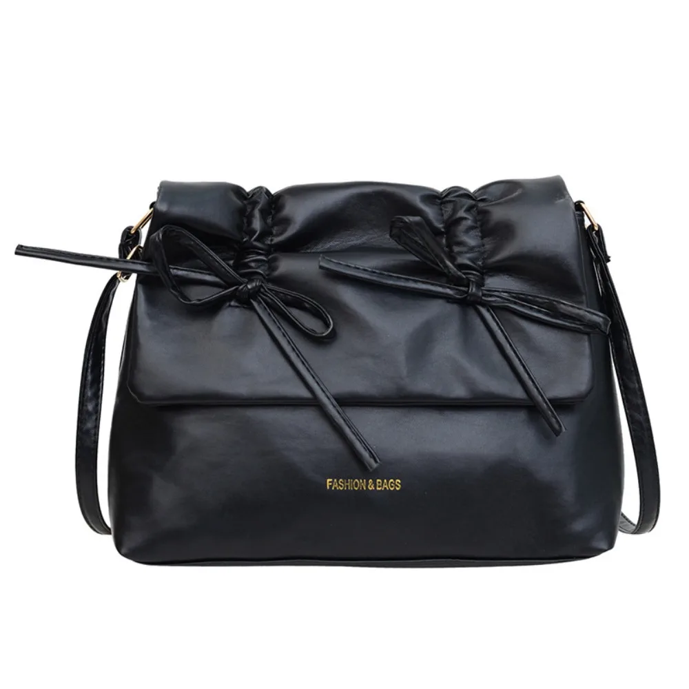 

Casual Sweet PU Leather Shoulder Bag Pleated French Style Y2K Bow Underarm bag Large Capacity Handbag Solid Tote Bag Girls