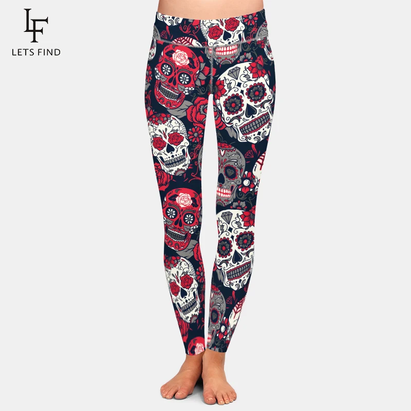 Legging noir imprimé tête de mort et fleur pour femme, pantalon décontracté, taille haute, offre spéciale