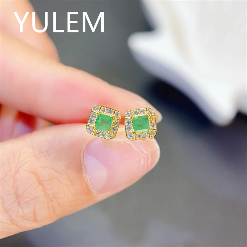 YULEM 3x3mm Suqure Cut Natural Emerald Green Naural Emerald Silver 925 for Women Daily Wear