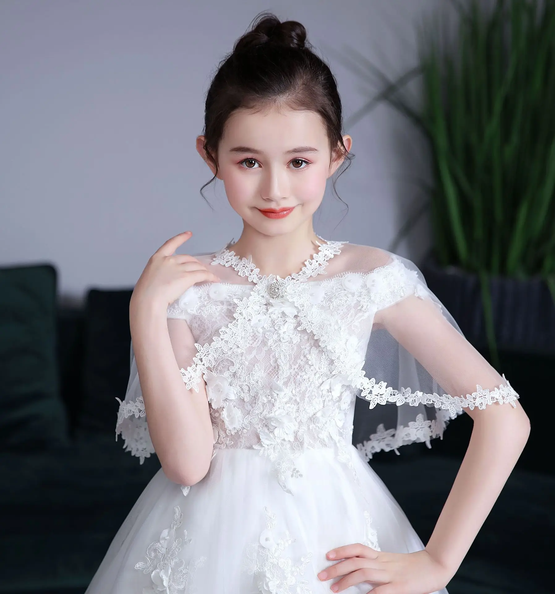 Trẻ Em Bé Gái Trắng Đỏ Voan Lưới Phối Ren Trẻ Em Bolero Ngắn Cưới Áo Khoác Mùa Hè Khăn Choàng Ren Cape Bao Phủ Lên Trên vai