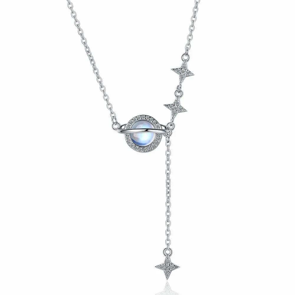 

925 Sterling Silver Fresh and Fashion Moonstone Planet Pendant Necklace Inlaid Zircon Ladies Birthday Anniversary Party Gift