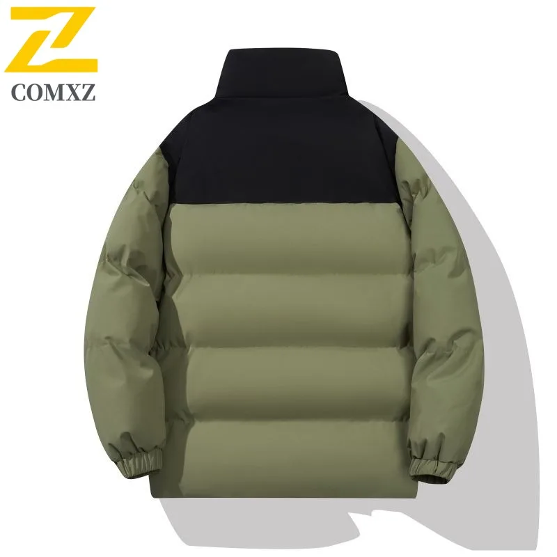 COMXZ Men Bread Jacket Trendy Classic Color Blocking Camping Picnicking Winter Padding Travel Windproof Streetwear Parker Coat