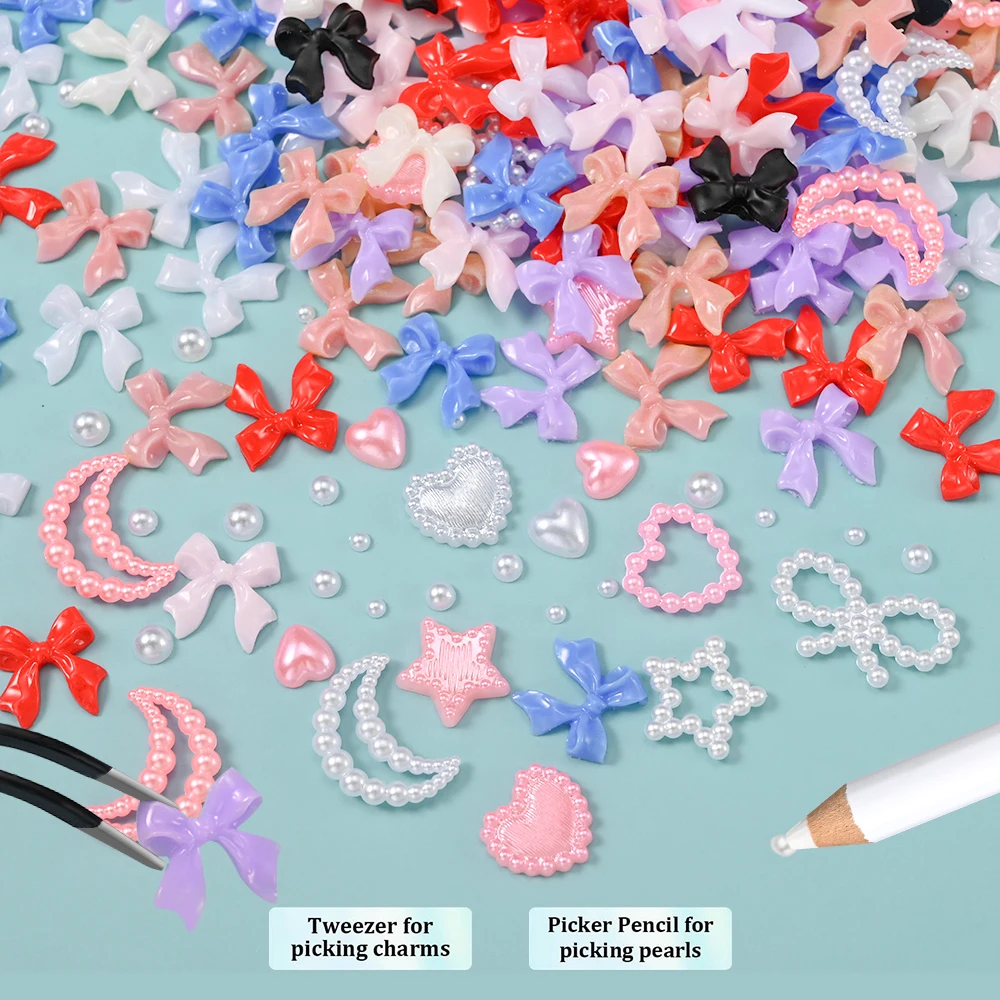 12Grids Mixed Bowknot Heart Flower Nail Charms 3D Kawaii Resin Bow Pearl Nail Art Rhinestones Korean Manicure Decorations