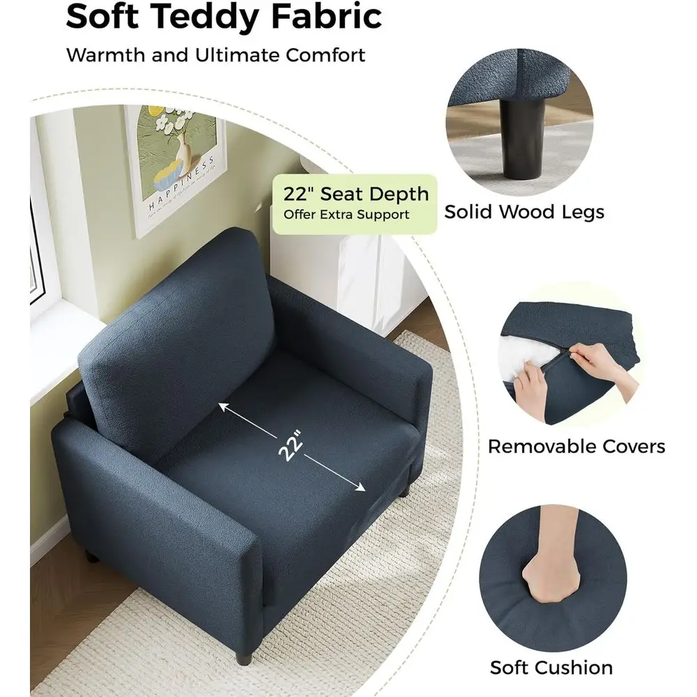 كرسي أريكة 33 أزرق رمادي للقراءة أو غرفة النوم أو غرفة المعيشة، إطار خشبي بالكامل، كرسي بذراعين مريح، تجميع بدون أدوات