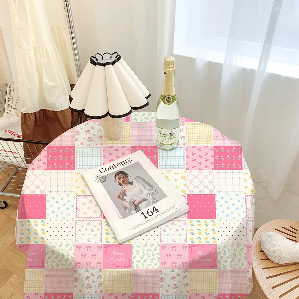 Ig Aesthetic Cute Girl Table Cover Korean Patchwork Floral Tablecloth Dust‑Proof for Desk Vanity Coffee Round Table Bedroom Home