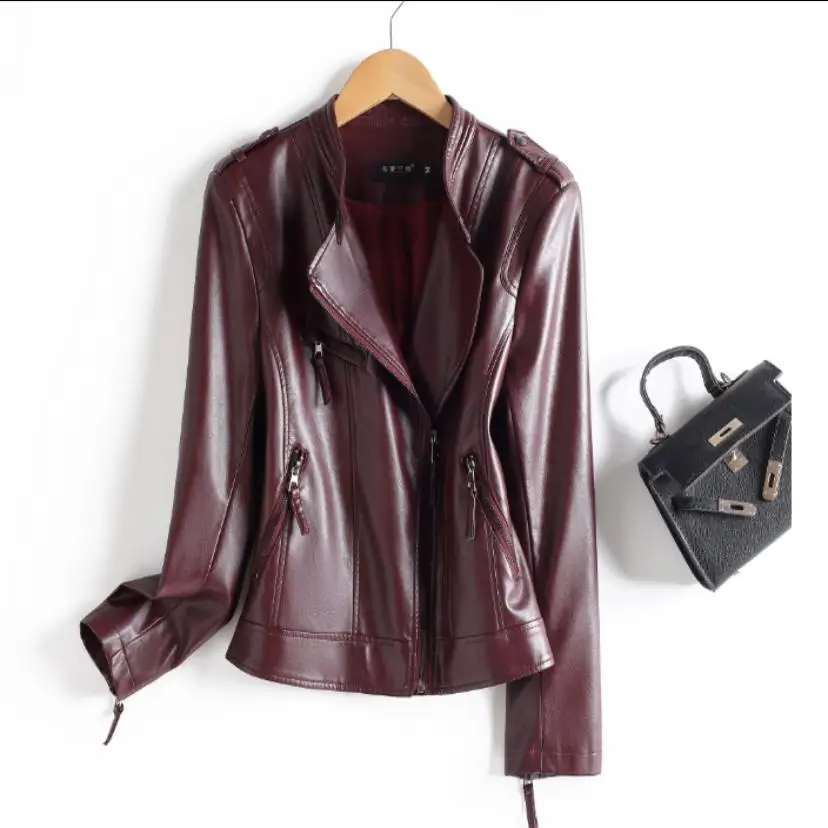 Giacca in Pelle Slim Fit da Donna con Collo Alto, Stile Coreano, Nera, con Cerniera, Maniche Lunghe, in Pelle di Pecora, per Primavera Autunno