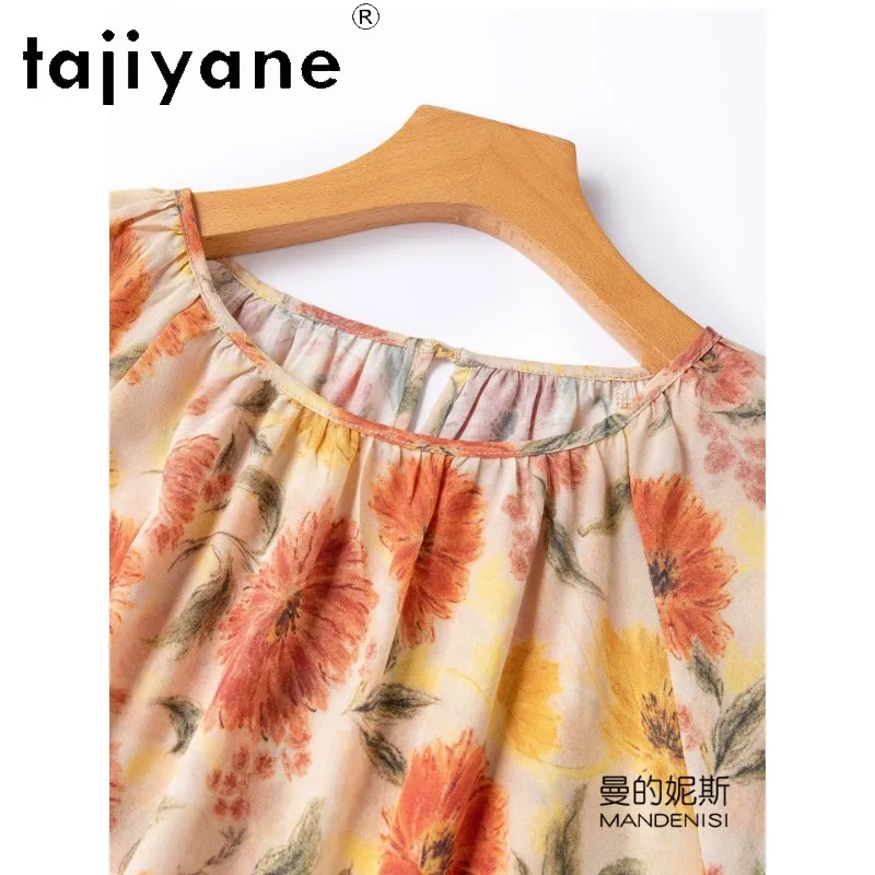 

TAJIYANE 100% Mulberry Silk Lantern Sleeve Blouses Loose Shirt Blouses for Woman Floral Summer Tops for Women Clothes Cool 블라우스