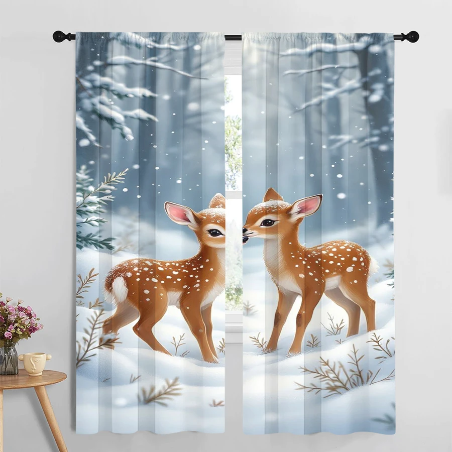 2PCS Winter Forest Two Deer Curtains, Snowy Woods Fawn Christmas Holiday Window Drapes for Bedroom Living Room Kids Decor