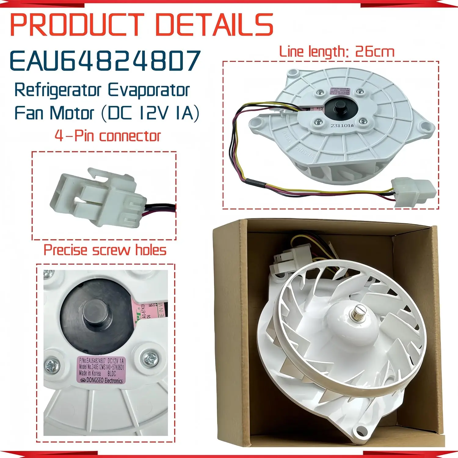 EAU64824807 Refrigerator Evaporator Fan Motor (OEM) for LG Refrigerator.12V 1A DC Fan Motor Replace Z40E12MS1A0-57K06D1