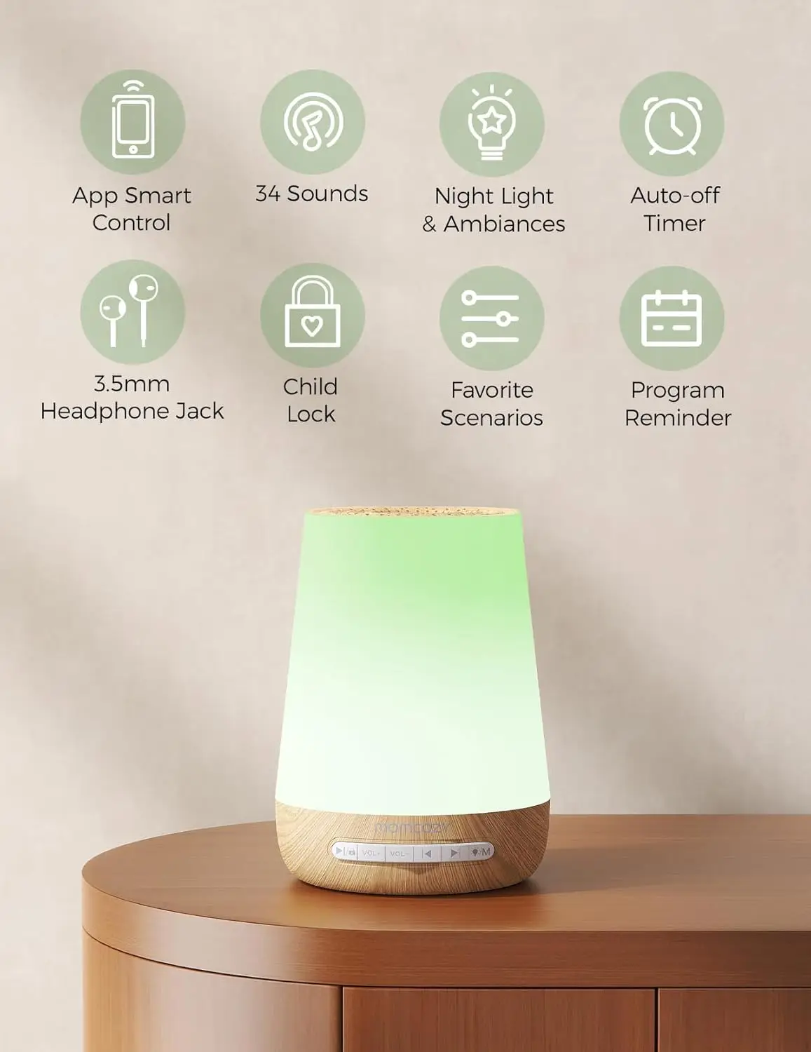 White Noise Machine for Baby Sleep with Night Light, 34 Soothing Sounds, Timer & App Control