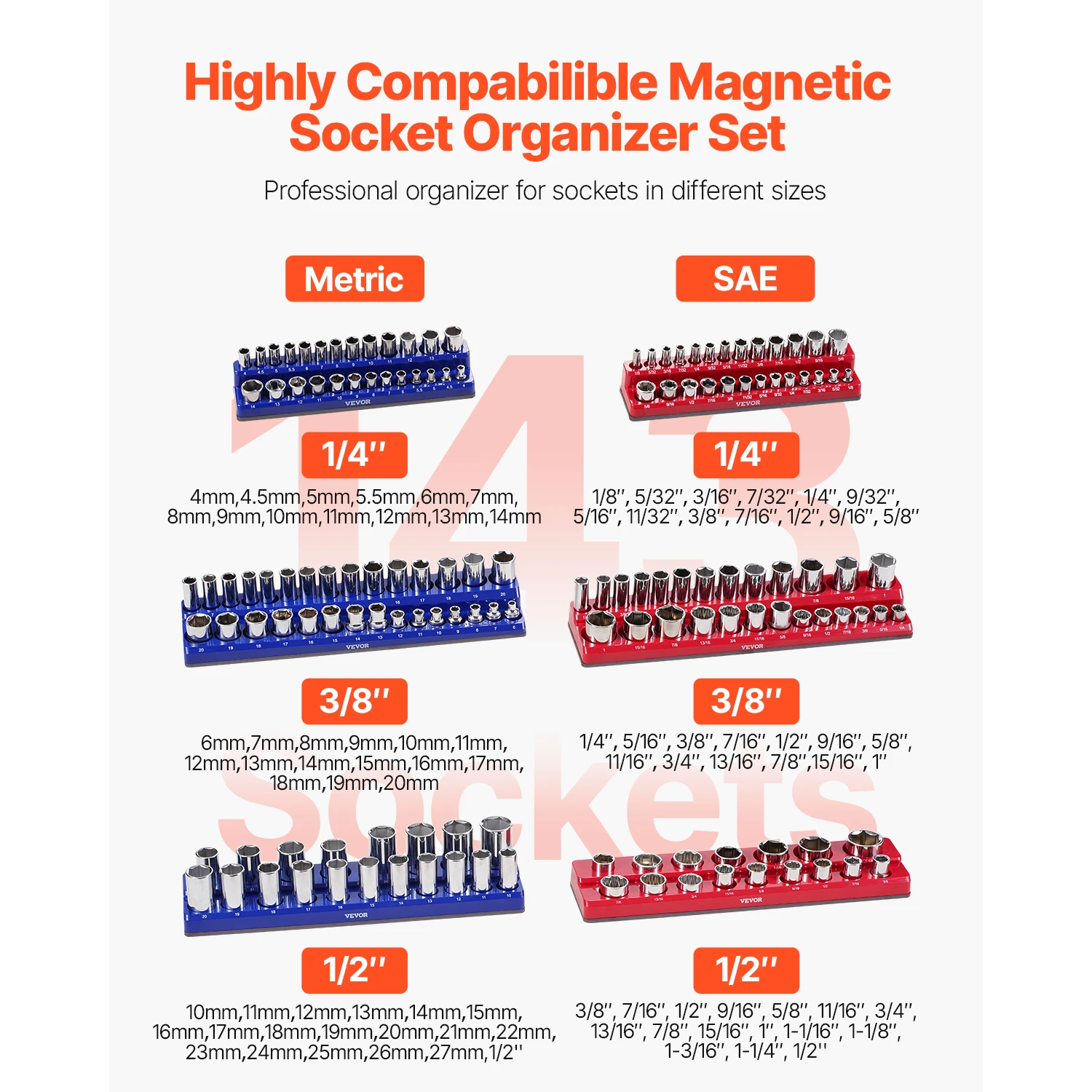 SucceBuy 6pcs/8pcs Blue+Red Magnetic Socket Organizer Set 3/8'' 1/2'' Metric SAE Socket Trays with Clear Labels for Tool Box