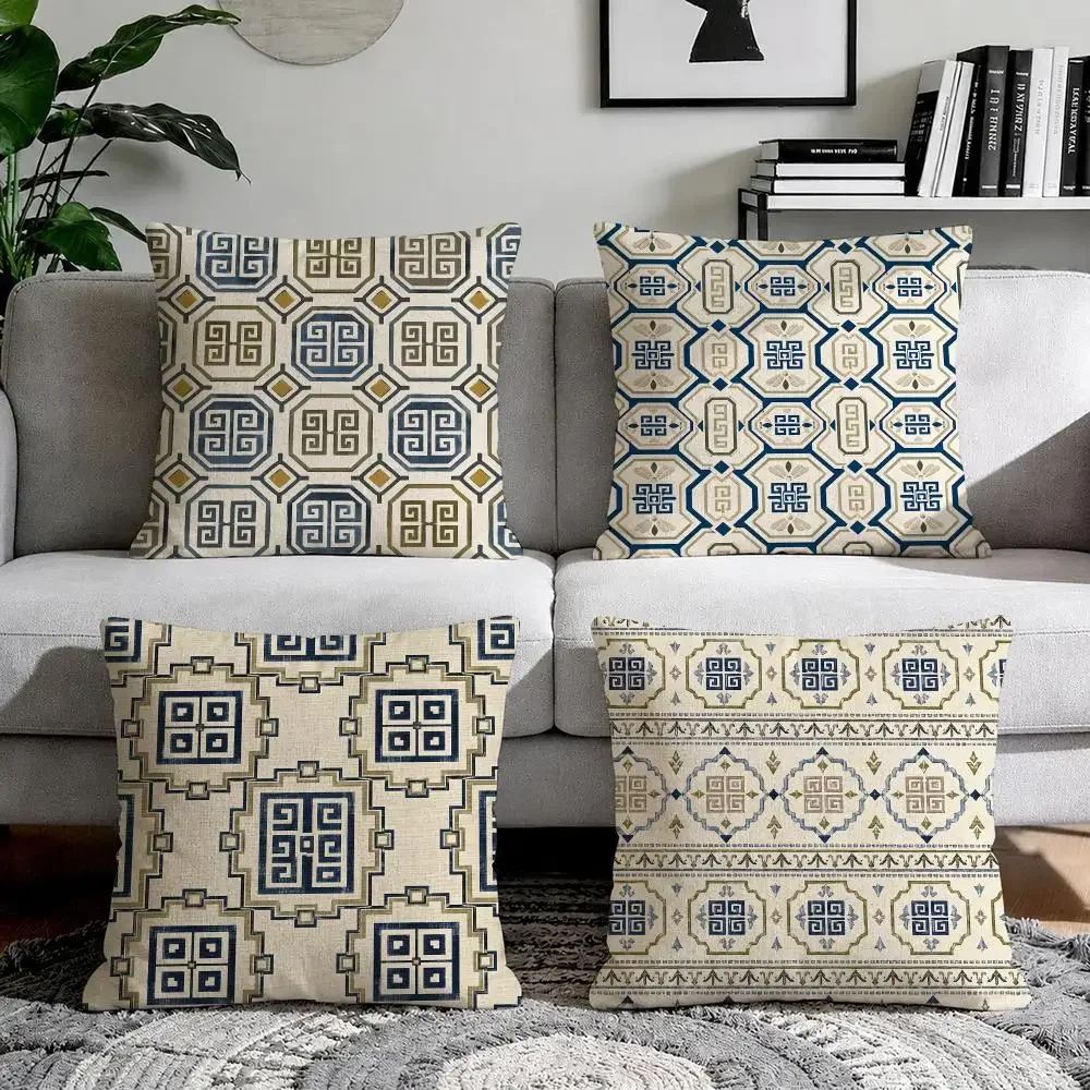Geometric Chinoiserie Pagoda Print Cushion Cover Natural Breathable Durable Linen Printed Decor Pillow Case Sofa Bedroom